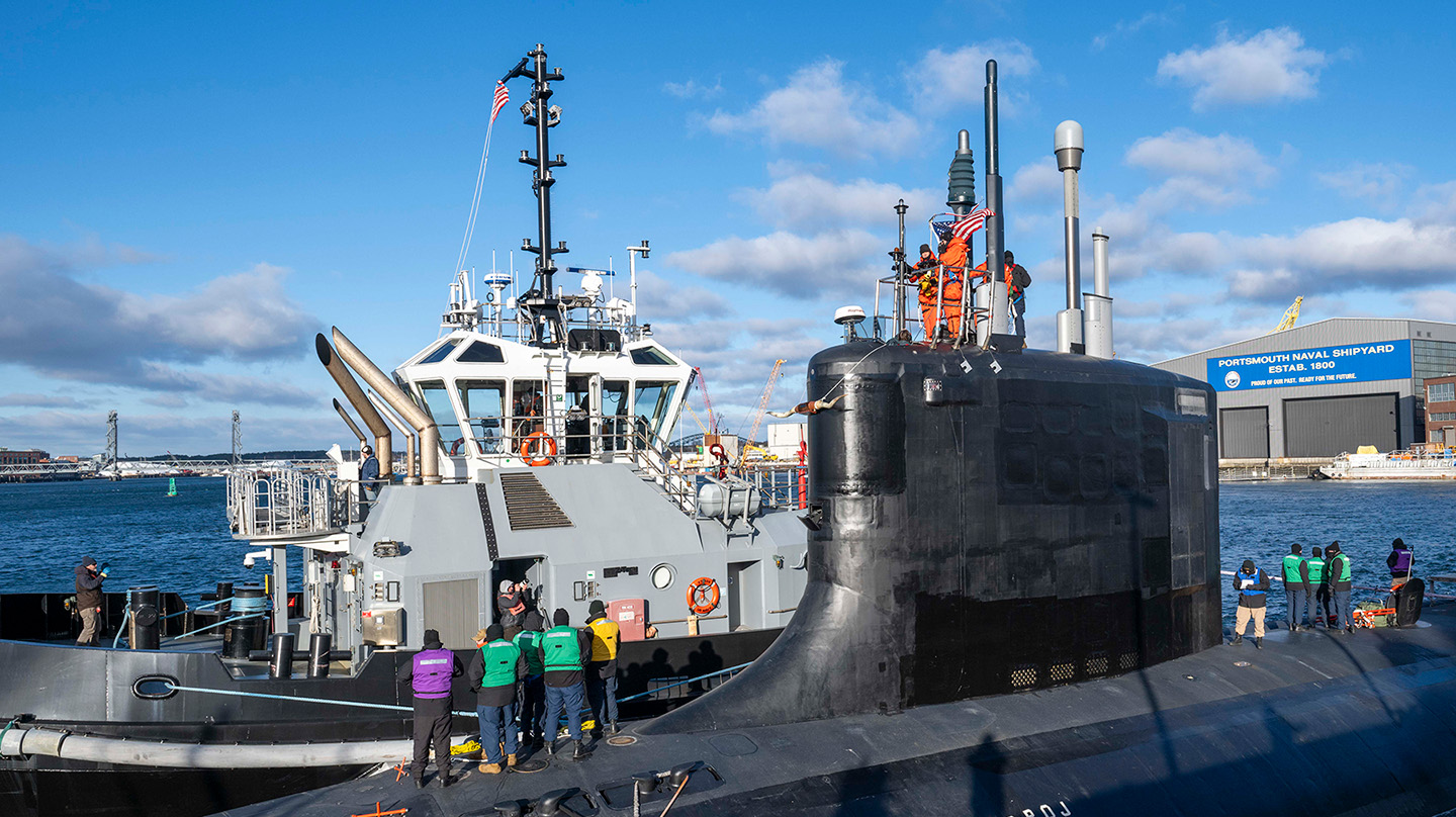 Sailors aboard the Virginia-class attack submarine USS Texas (SSN 775) prepare to depart Portsmouth Naval Shipyard following critical repairs and system upgrades. (Credit: U.S. Navy)