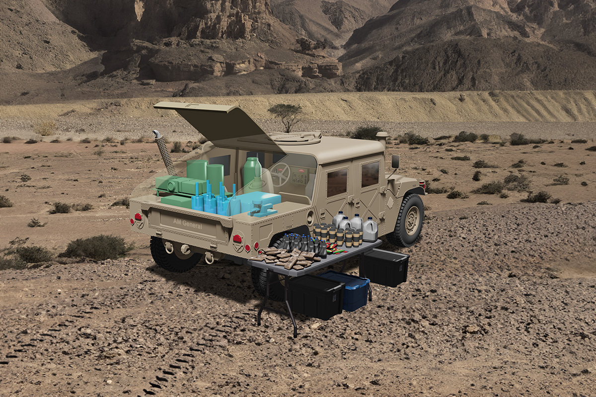 Illustration of APL’s concept for a manufacturing and housing system that fits the payload of a standard Humvee (Credit: Johns Hopkins APL)