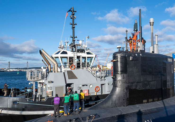 Sailors aboard the Virginia-class attack submarine USS Texas prepare to depart Portsmouth Naval Shipyard after critical repairs and system upgrades. (Credit: U.S. Navy)