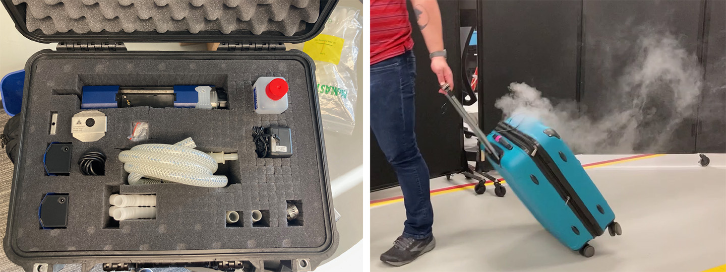 Fogger kit. Left, fogger kit components; right, the kit deployed in a rolling suitcase.