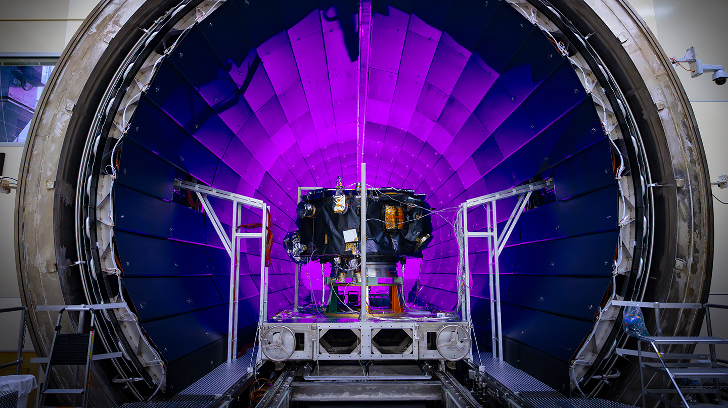 The Interstellar Mapping and Acceleration Probe (IMAP) is shown after installation in the X-Ray and Cryogenic Facility chamber at NASA’s Marshall Space Flight Center in Huntsville, Alabama. (Credit: NASA/Johns Hopkins APL/Princeton/Ed Whitman)