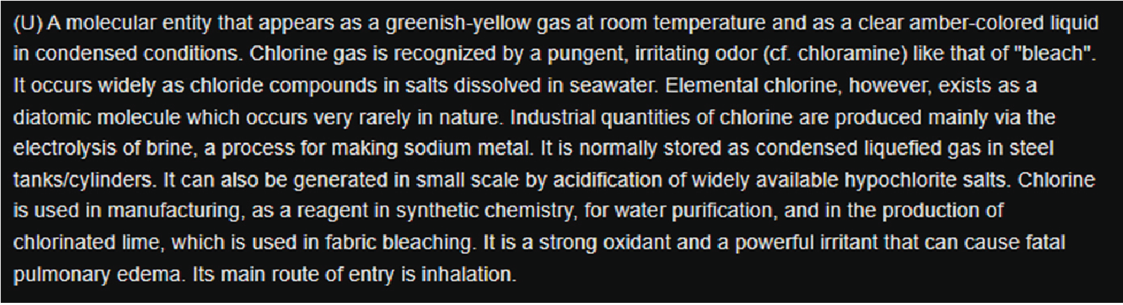 Excerpt from the Details page for the chlorine gas observable.