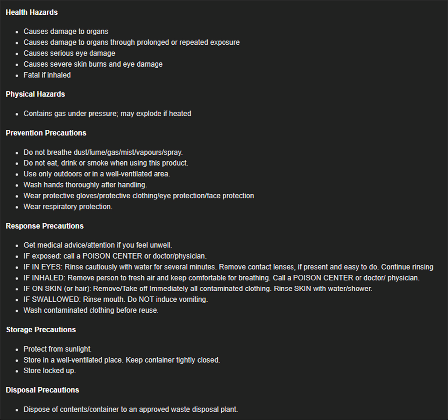 Example of the type of information extracted from a safety data sheet.