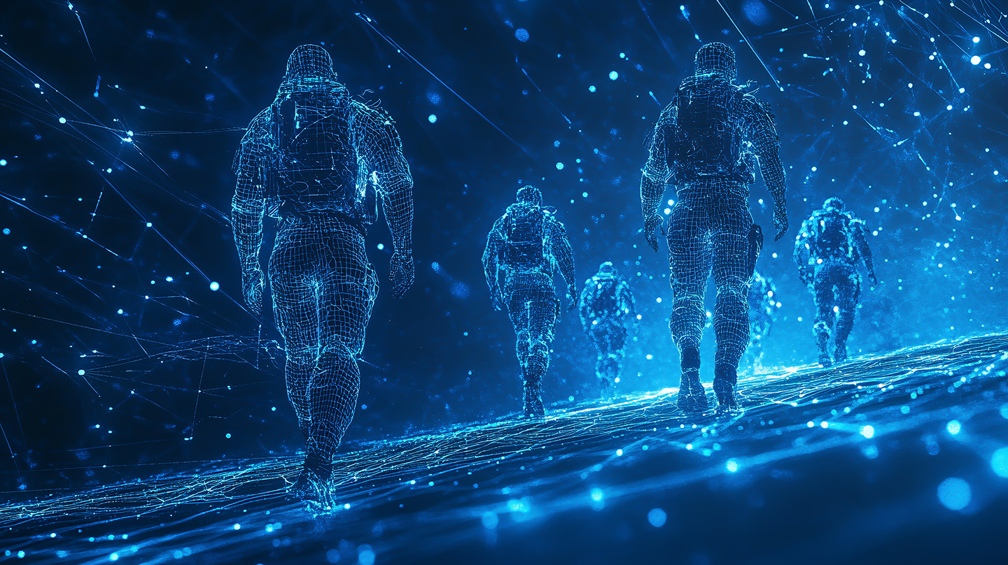 Rendering of holographic soldiers walking through a digital environment (Credit: Adobe Stock)