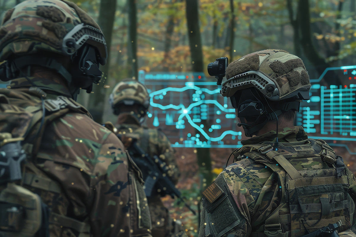 Rendering of soldiers in forest camouflage viewing a transparent digital map and data display during a field operation (Credit: Adobe Stock)