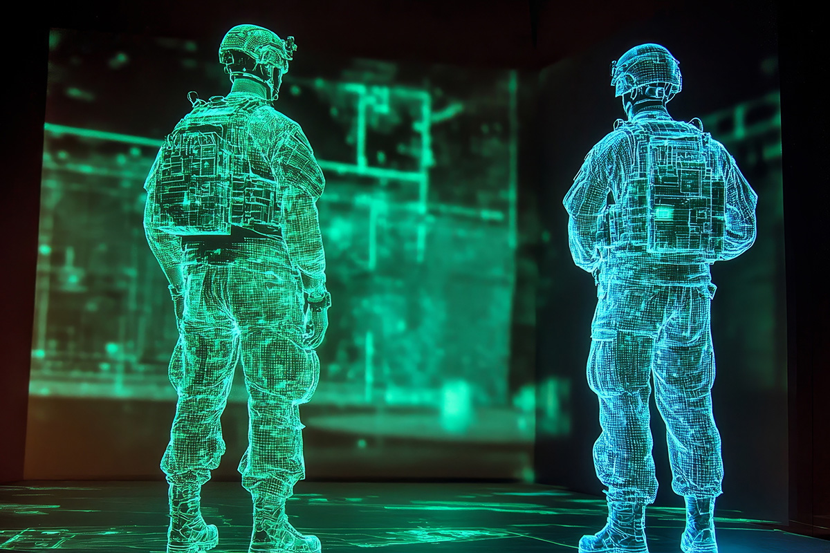 Rendering of two life-size holographic wireframe soldiers standing in front of a wargaming simulation (Credit: Adobe Stock)