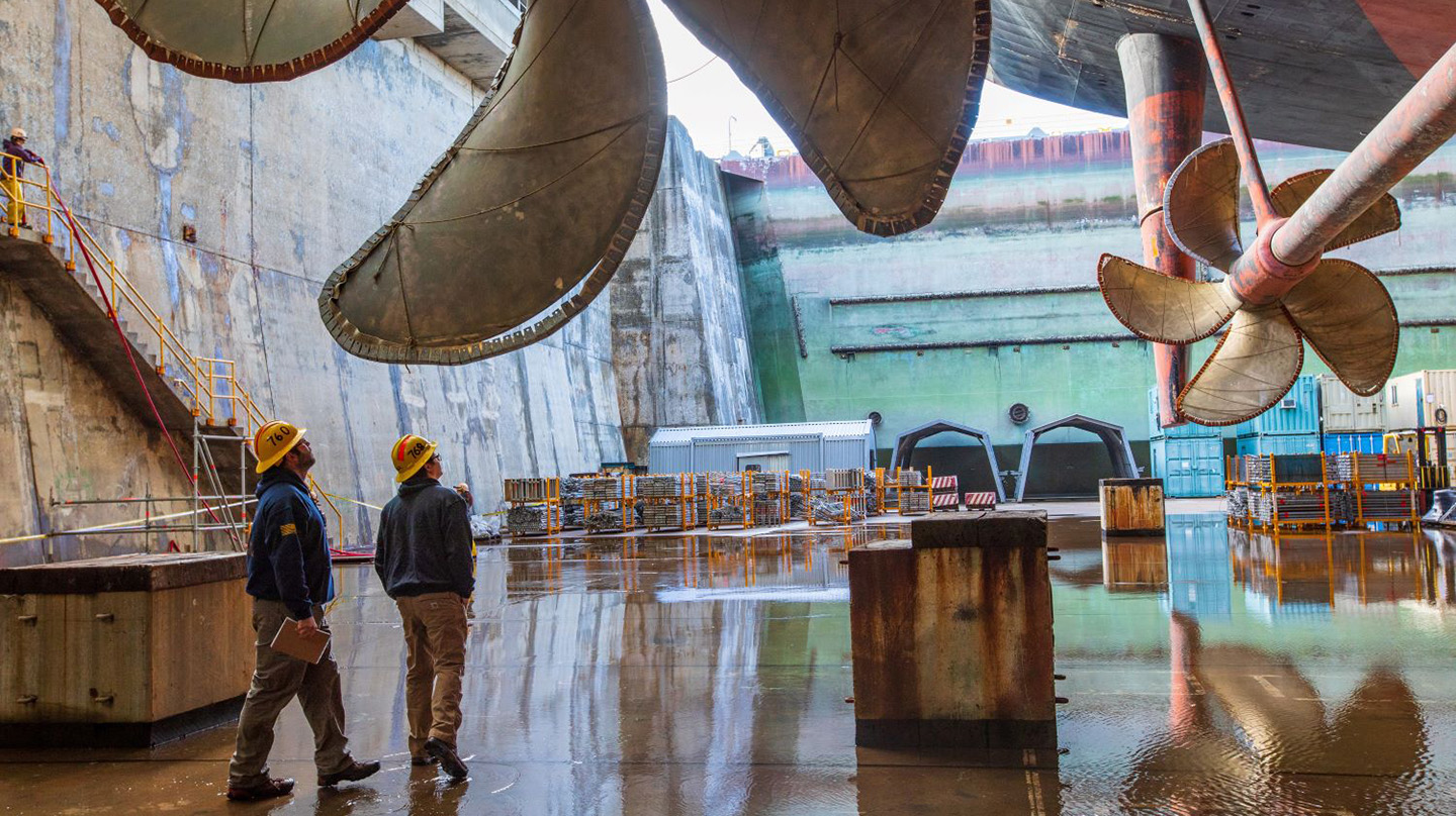 USS Nimitz (CVN 68) in Dry Dock 6 post dewatering at Puget Sound Naval Shipyard & Intermediate Maintenance Facility in Bremerton, Wash., March 5, 2018 (Credit: US Navy/Thiep Nguyen)
