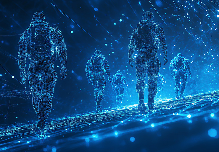 Rendering of holographic soldiers walking through a digital environment (Credit: Adobe Stock)