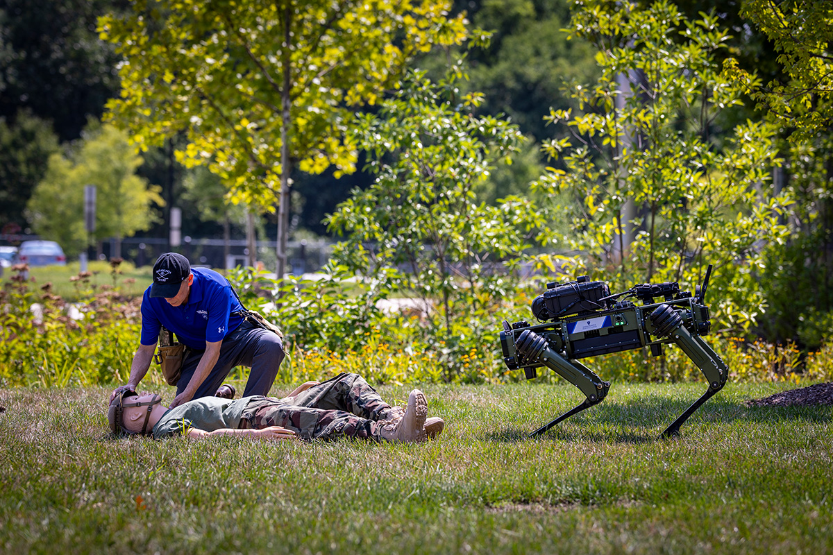 As part of a demo at APL, a robot locates an "injured" dummy. (Credit: Johns Hopkins APL)