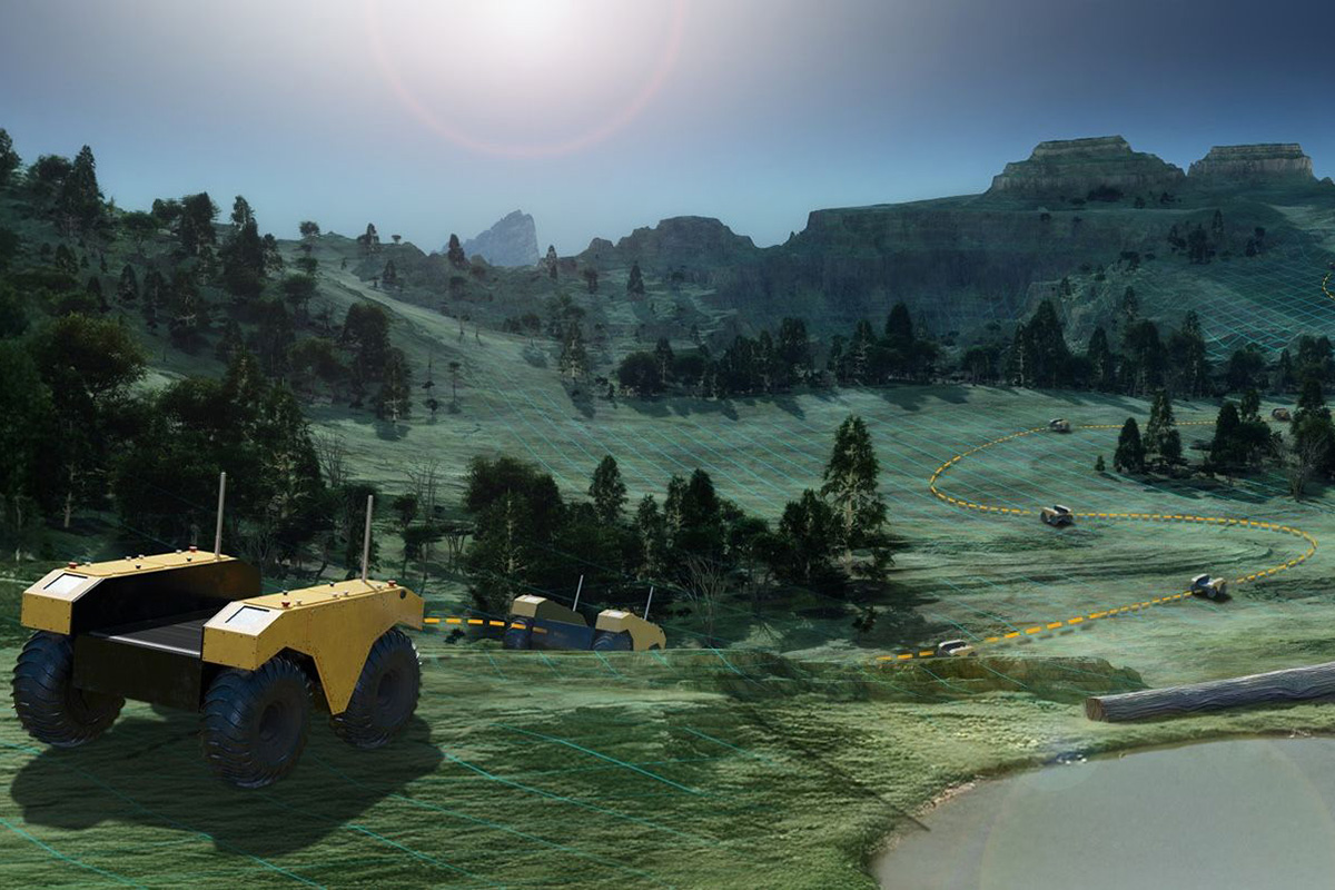 This artist rendering depicts APL-developed algorithms enabling multirobot coordination across dynamic terrain. (Credit: Johns Hopkins APL)