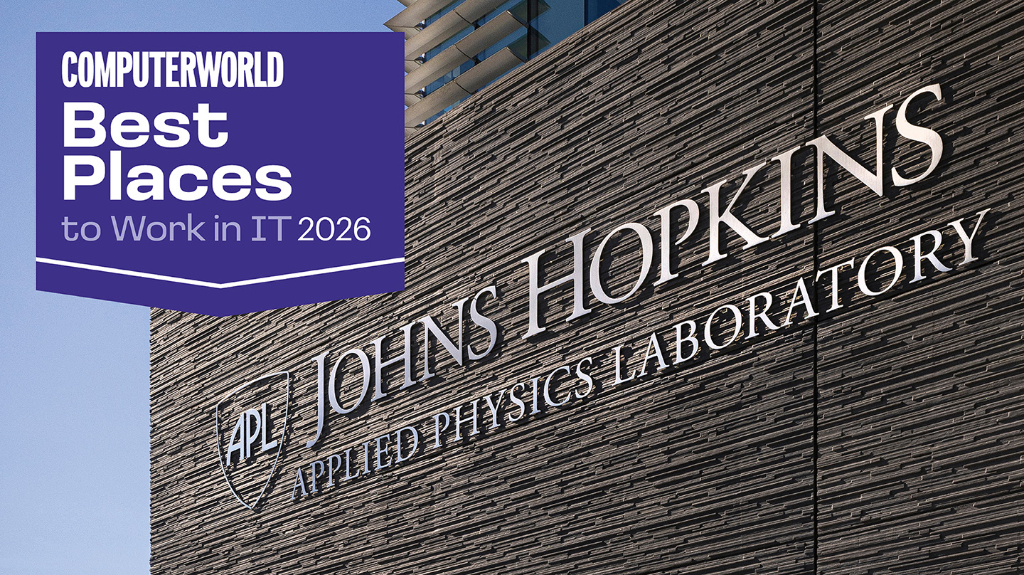 A building on APL's campus adorned with a metal version of APL's logo. Overlaid on the image is a badge showing APL was included on Computerworld's 2026 list of Best Places to Work in IT.