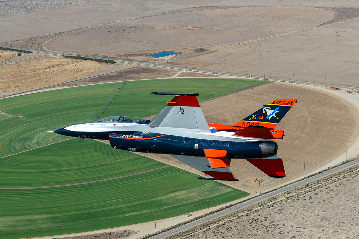 The X-62A Variable Stability In-Flight Simulator Test Aircraft, or VISTA, flies over Palmdale, California, on Aug. 26, 2022.