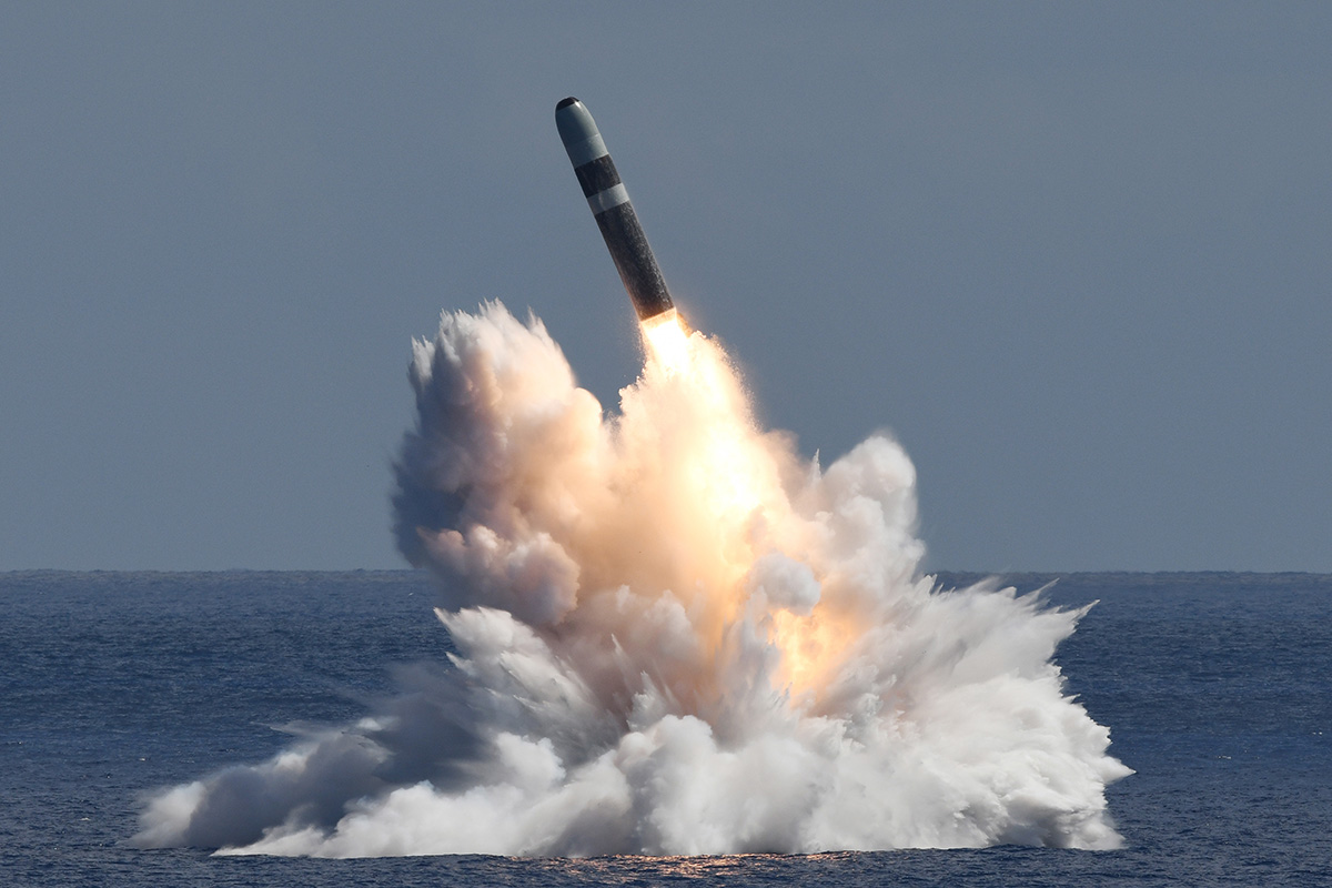 An unarmed Trident II D5 Life Extension (D5LE) missile launches from an Ohio-class ballistic missile submarine (SSBN) off the coast of Florida. (Credit: U.S. Navy)