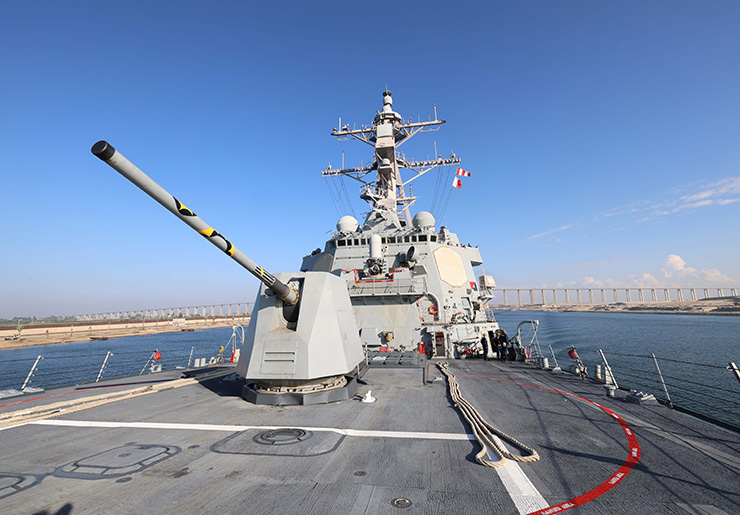USS Roosevelt (DDG 80) transits the Suez Canal, demonstrating the forward presence and maritime security missions carried out by Aegis destroyers in the U.S. Central Command area of responsibility. (Credit: U.S. Navy)