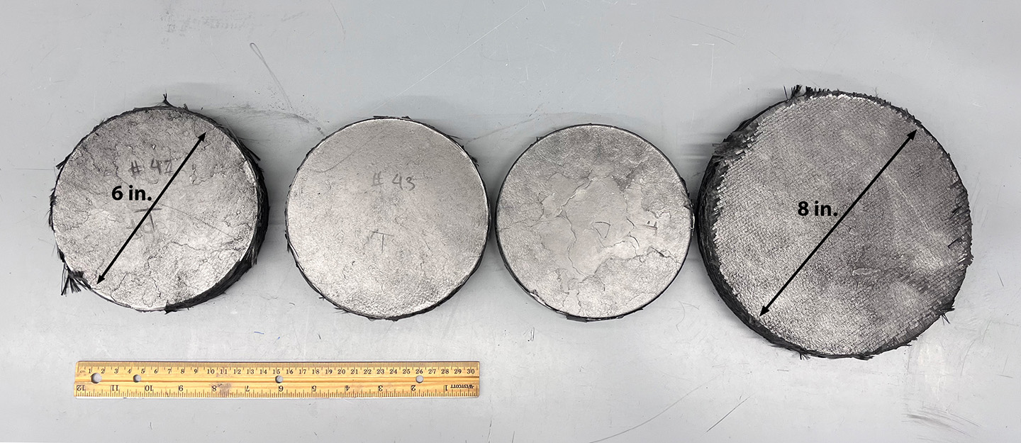 6-inch (shown here on the left) and 8-inch carbon-carbon samples