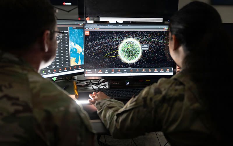 U.S. Space Force Guardians assigned to Space Delta 5 monitor computer workstations on Dec. 18, 2025, at Vandenberg Space Force Base, California, supporting command and control of the Combined Space Operations Center. (Credit: U.S. Space Force)