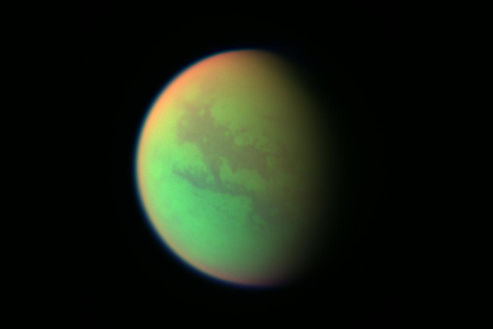 This image shows a false-color composite view of Saturn’s moon Titan taken by NASA’s Cassini spacecraft.