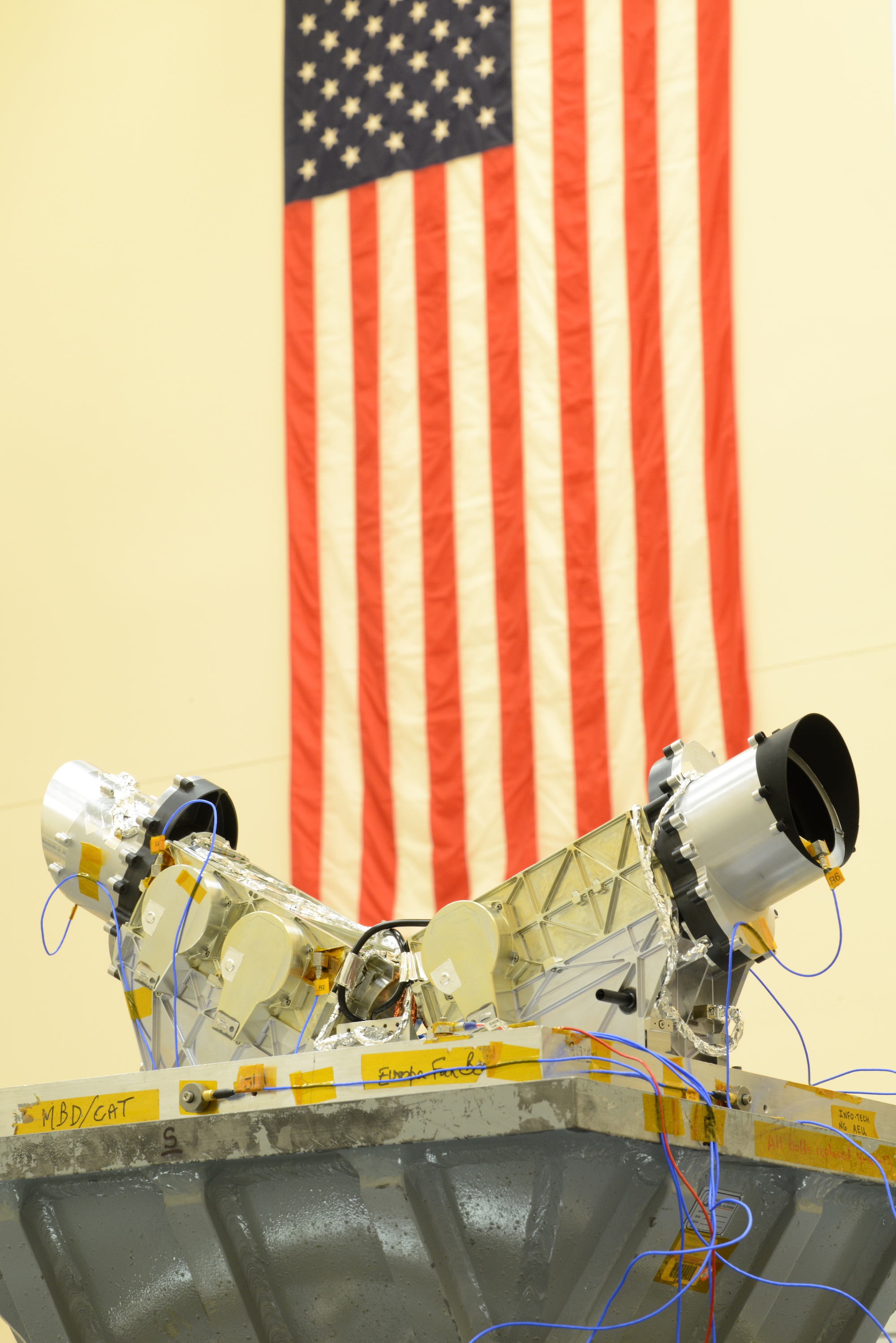 The Suprathermal Ion Spectrograph (SIS) sensor, shown here in a clean room at Johns Hopkins APL in Laurel, Maryland, funnels energetic particles through two telescopes