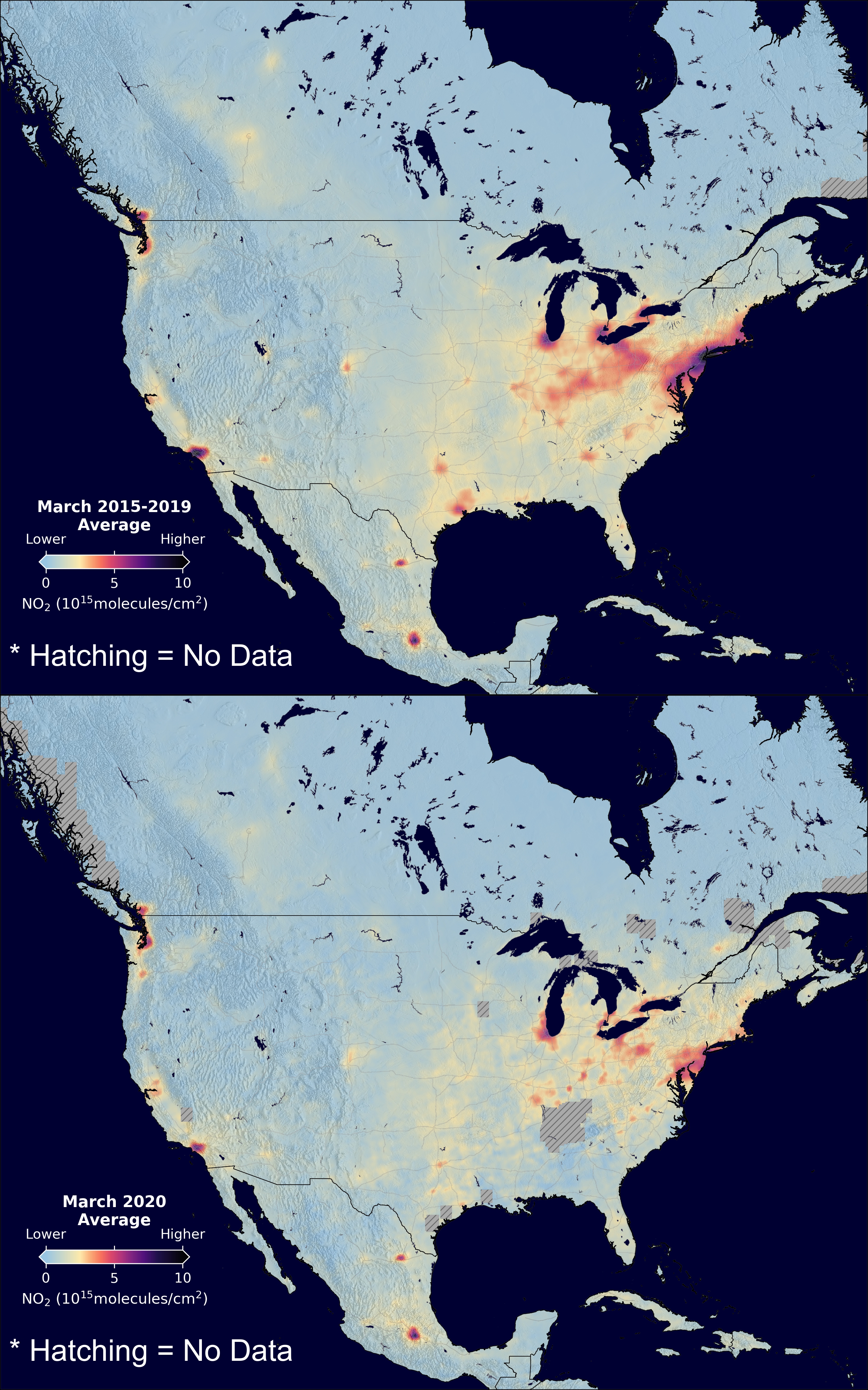 Comparison of the average nitrogen dioxide concentrations across the United States in March 2015–2019 (top) with March 2020 (bottom).  Credit: NASA/Goddard Space Flight Center