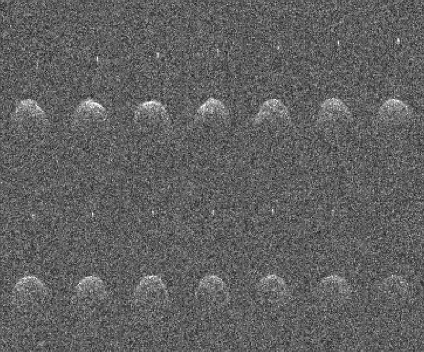 Fourteen sequential radar images captured by Arecibo in November 2003 of the near-Earth asteroid Didymos and its moonlet Dimorphos