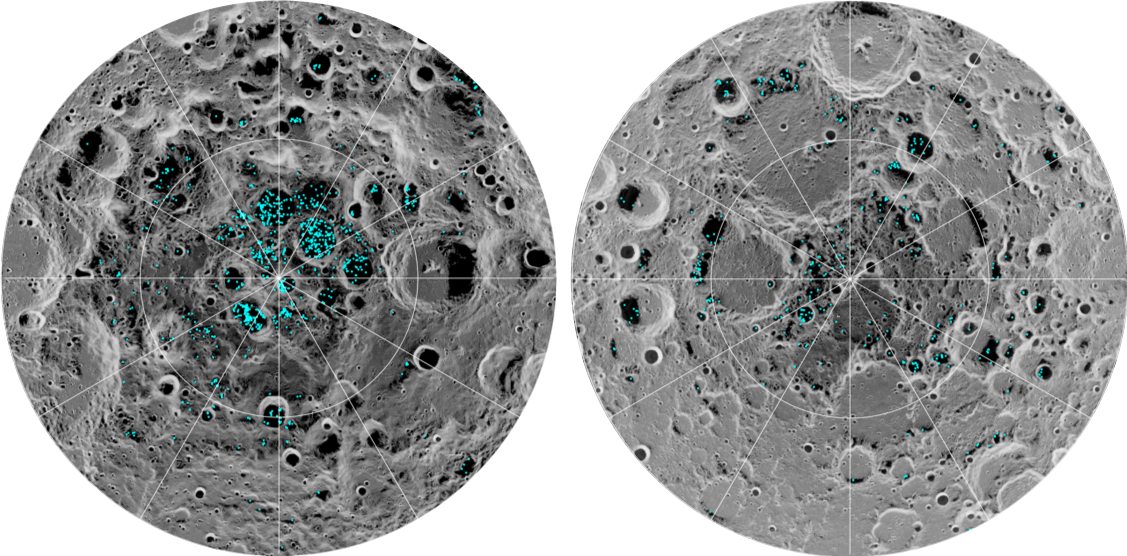 Image showing the distribution of surface ices (depicted as blue dots) at the Moon’s south pole (left) and north pole (right), detected by NASA’s Moon Mineralogy Mapper instrument. The grayscale in this image depicts temperature, with darker being colder, showing the ices are concentrated in the darkest and coldest locations, the crater shadows.  Credit: NASA