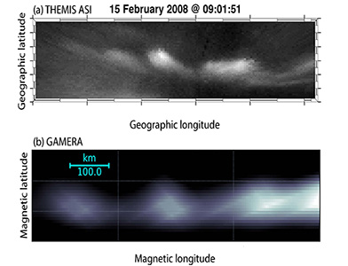 A comparison of a black-and-white image of auroral beads taken by NASA’s THEMIS All-Sky Imager (ASI) at Fort Yukon, Alaska, on Feb. 15, 2008