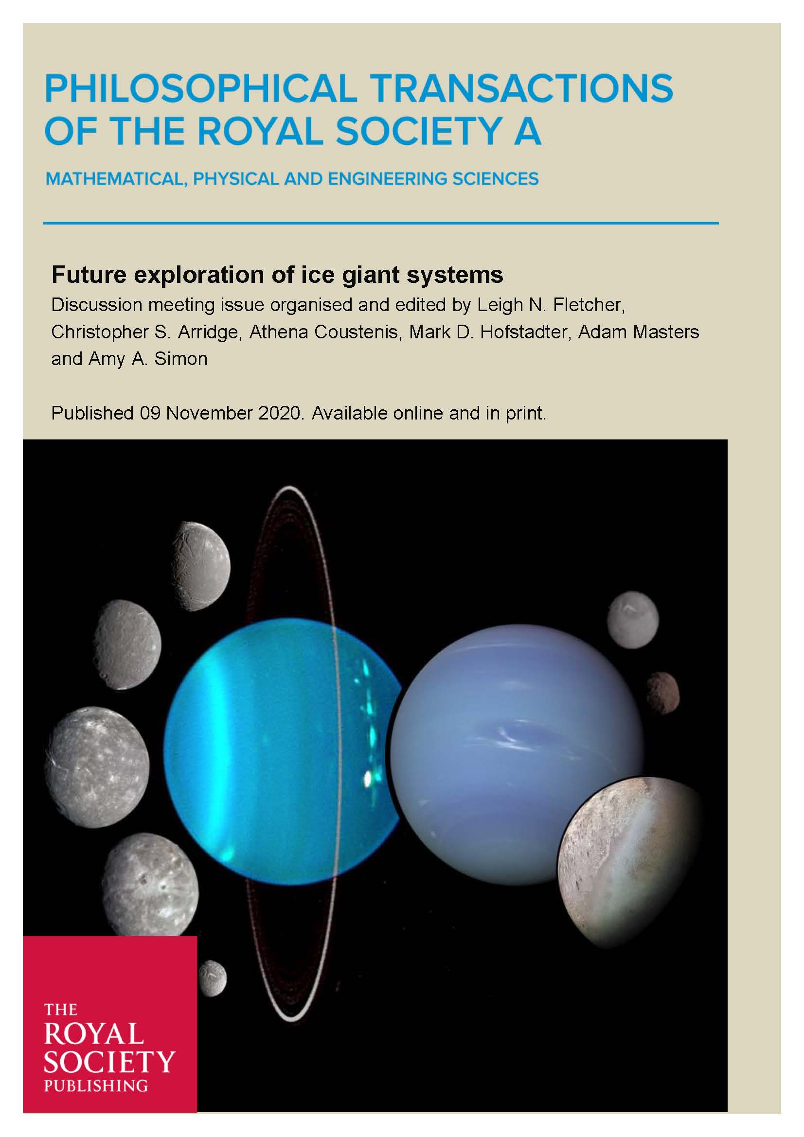 Front cover of the Royal Society’s special issue of Philosophical Transactions of the Royal Society A on the future exploration of the ice giants and their moons.  Credit:The Royal Society