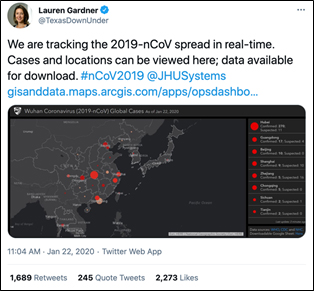 Screenshot of Lauren Gardner's January 22, 2020 tweet that unveiled the original COVID-19 dashboard