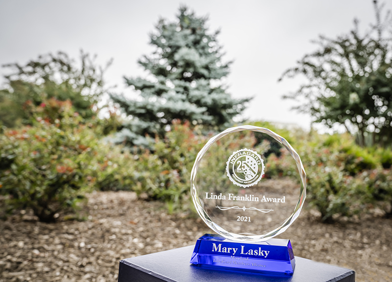 InfraGard’s Linda Franklin National Achievement Memorial Award is the highest honor bestowed on volunteers of the nonprofit organization. Lasky was recognized in 2021 for her longstanding leadership in national disaster resilience.  Credit: Johns Hopkins APL/Craig Weiman