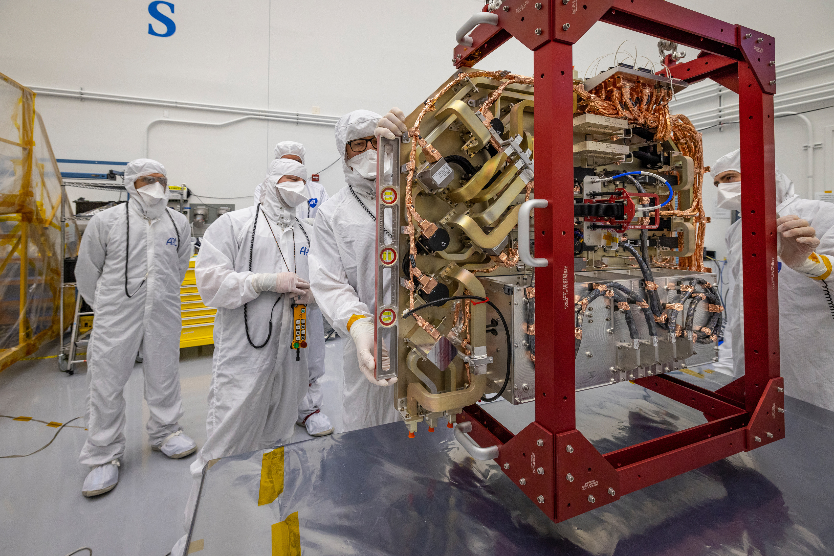 Europa Clipper’s radio frequency (RF) panel being prepped before mounting it onto the propulsion module.