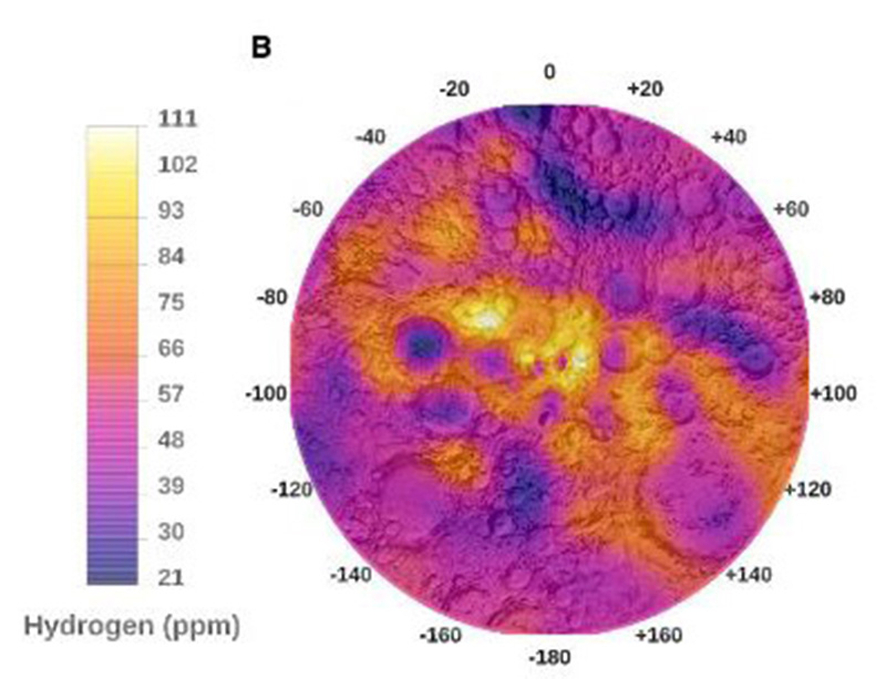 Hydrogen chart showing distribution at the south lunar pole