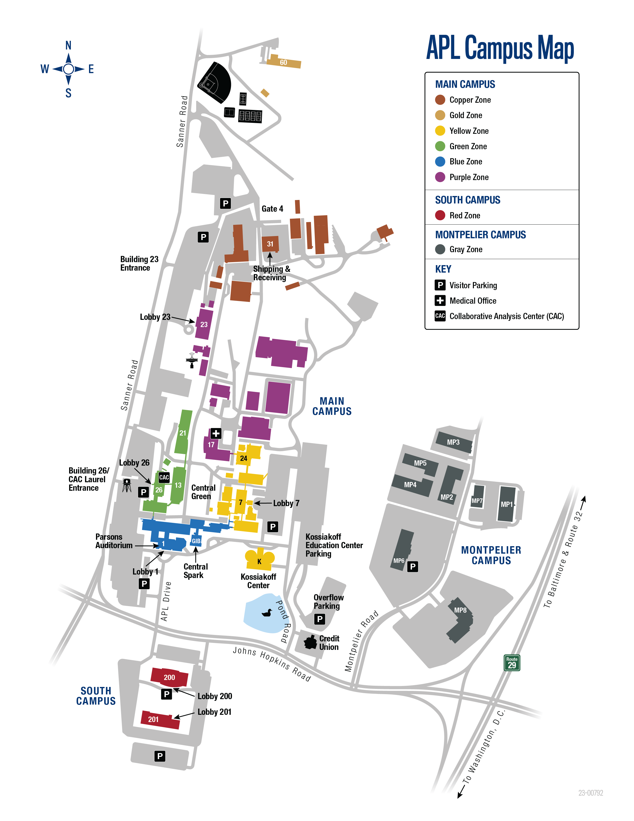 Map of Johns Hopkins APL’s main campus in Laurel, Maryland. APL is located on Johns Hopkins Road, between Sanner Road and Montpelier Road, approximately ½ mile west of U.S. Route 29. Colors for wayfinding zones are marked in the legend.