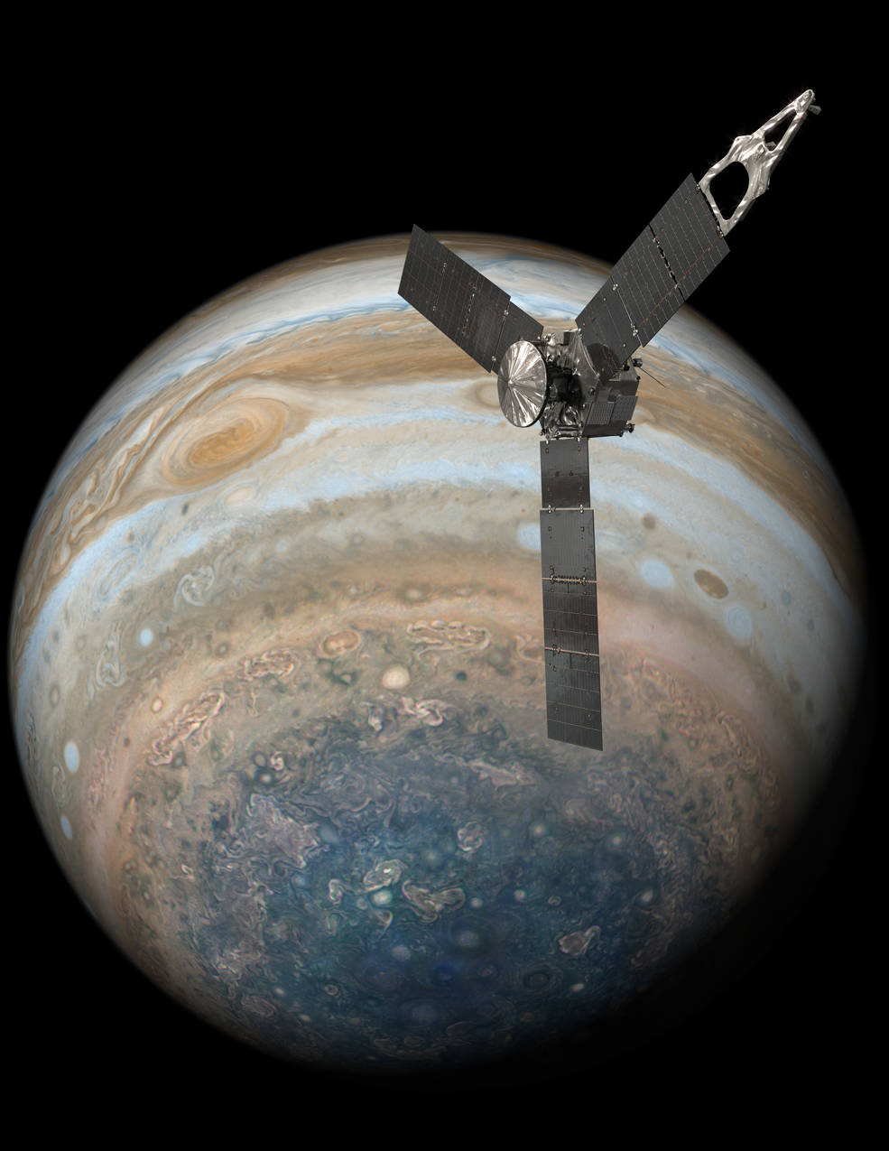An artist’s depiction of NASA’s Juno spacecraft soaring above Jupiter’s south pole