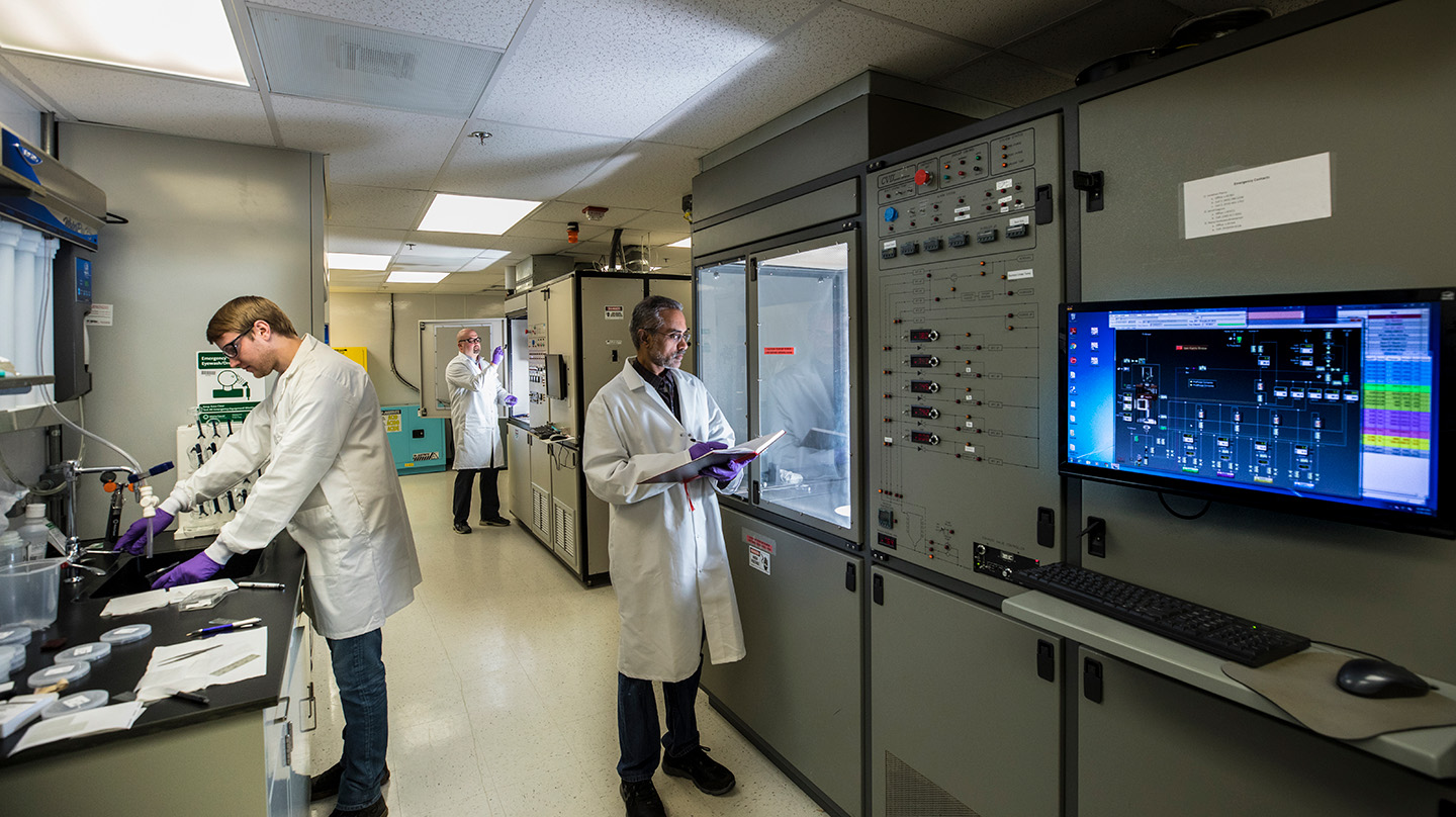 APL staff members (from left to right) Nathan Fairbanks, Jonathan Pierce and Rama Venkatasubramanian used metal-organic chemical vapor deposition (MOCVD) to produce CHESS materials 
