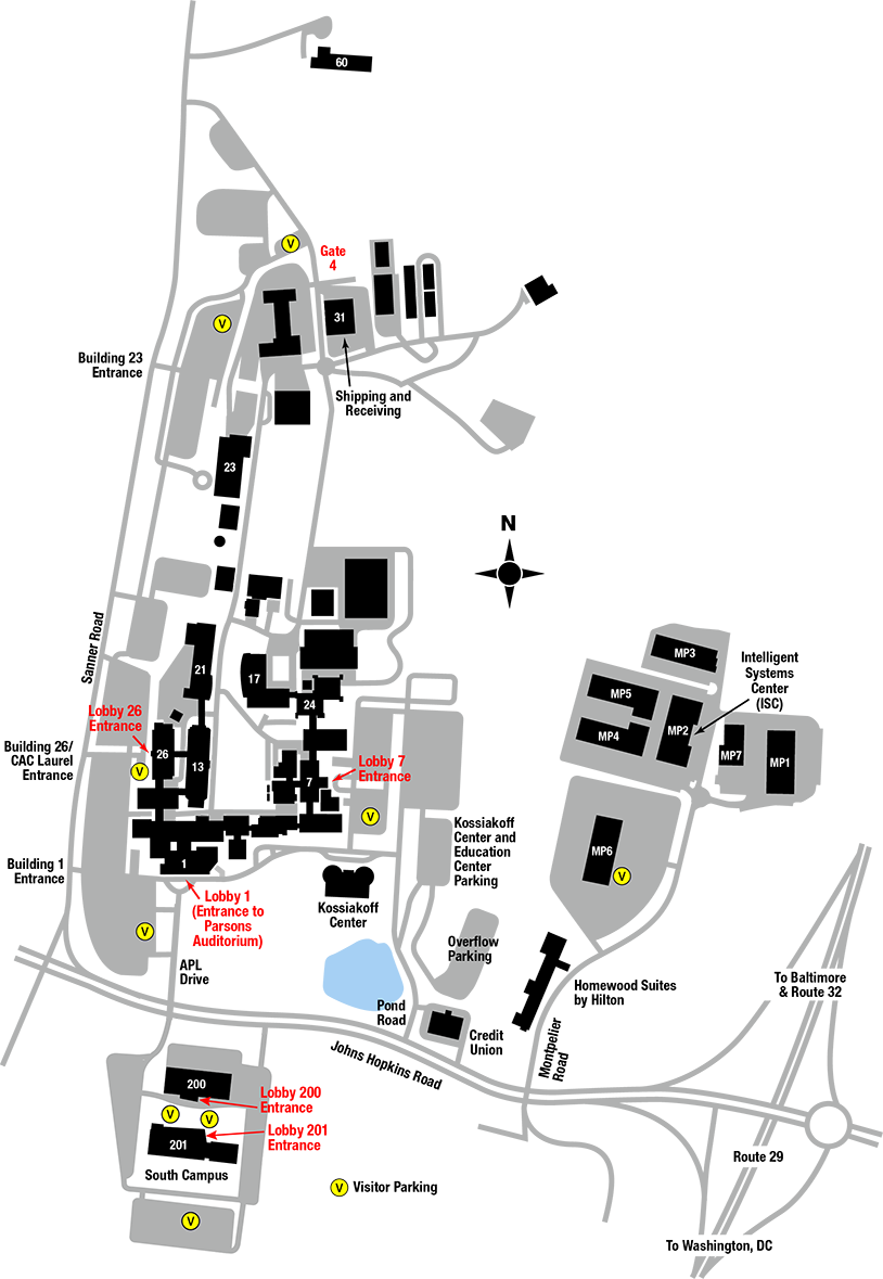Map of Johns Hopkins APL’s main campus in Laurel, Maryland. APL is located on Johns Hopkins Road, between Sanner Road and Montpelier Road, approximately ½ mile west of U.S. Route 29.