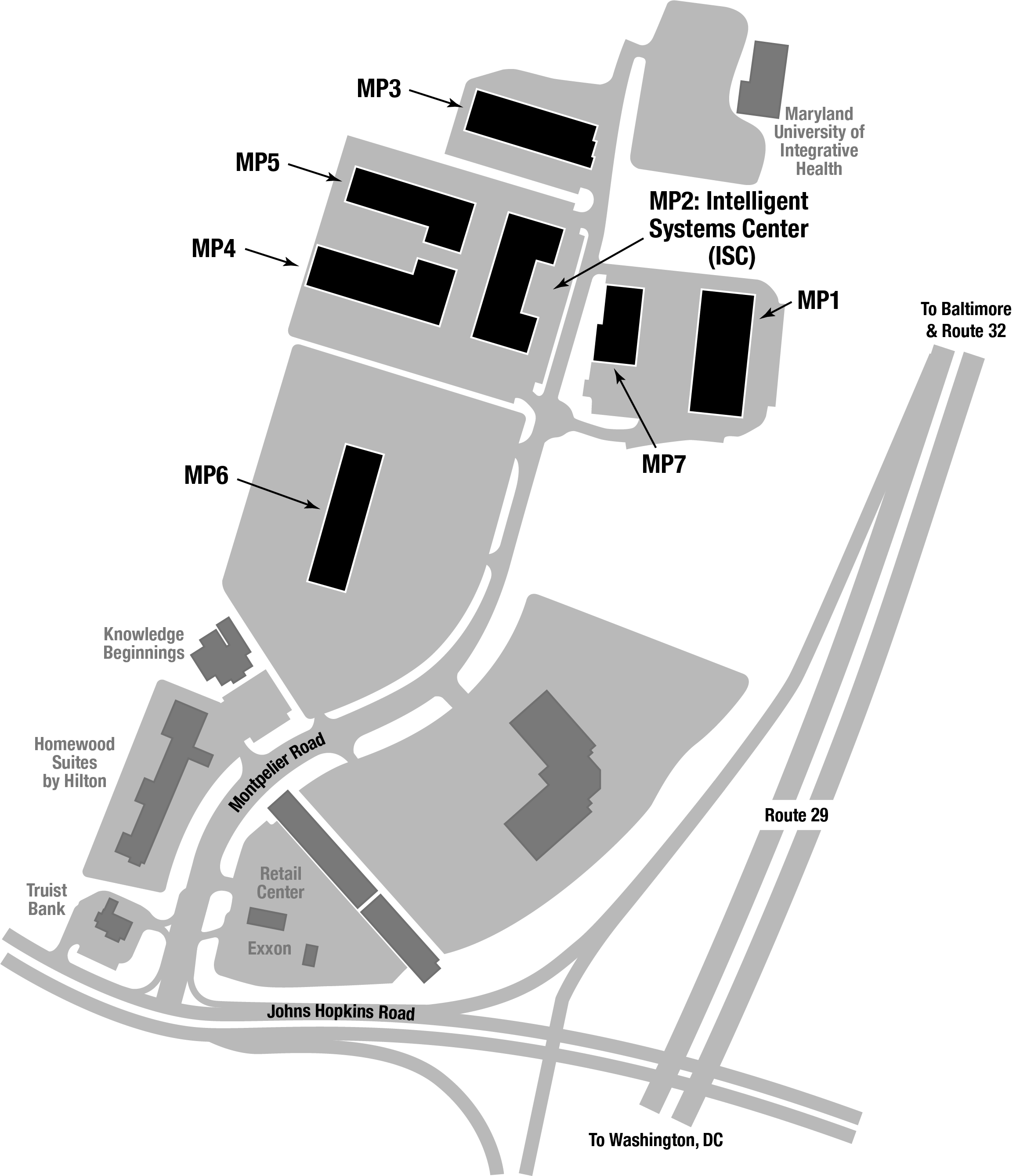 Map of Johns Hopkins APL’s Montpelier campus in Laurel, Maryland. The campus is located on Montpelier Road.