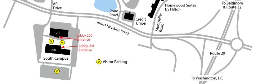 Map of Johns Hopkins APL’s South Campus in Laurel, Maryland. The campus is located south of the main Laboratory entrance on Johns Hopkins Road.