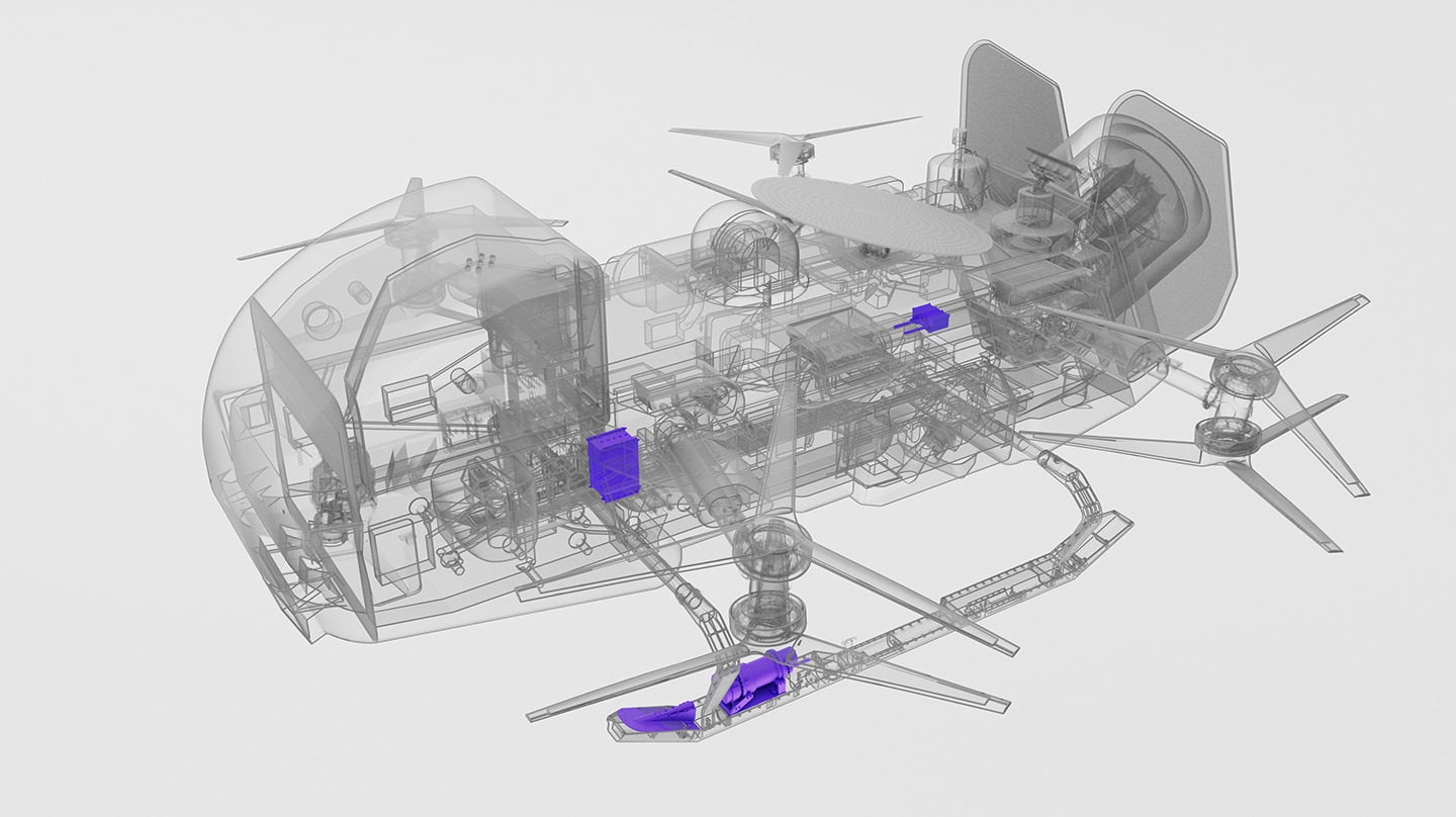 A transparent schematic of the Dragonfly spacecraft, with the location of the Dragonfly gamma-ray and neutron spectrometers marked in purple.