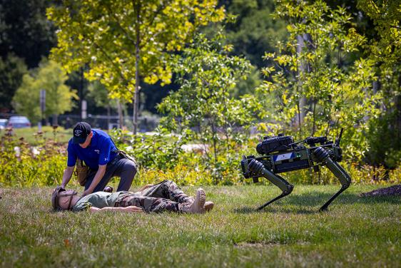 As part of a demo at APL, a robot locates an "injured" dummy. (Credit: Johns Hopkins APL)