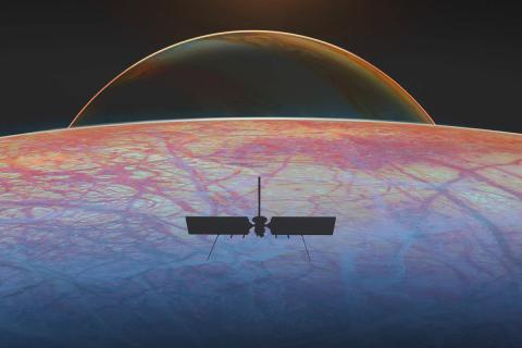 Illustration of NASA's Europa Clipper spacecraft above Jupiter's ocean moon Europa (Credit: NASA/JPL-Caltech)