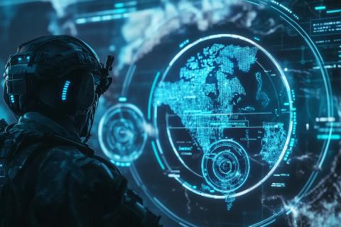 Rendering of a service member in tactical gear studying a world map with data overlays (Credit: Adobe Stock)